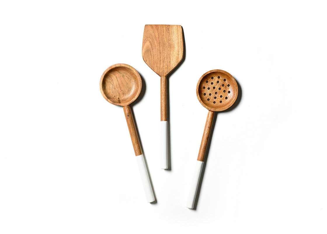 Wooden Utensils with White Enamel Handle 3 Piece Set