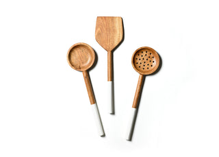 Wooden Utensils with White Enamel Handle 3 Piece Set