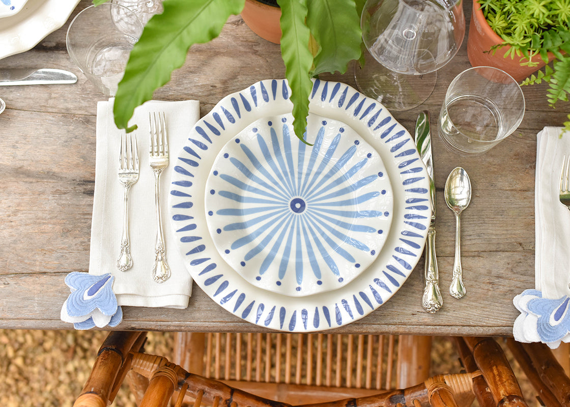 Overhead View of Garden Inspired Place Setting with Iris Blue 4 Piece Place Setting