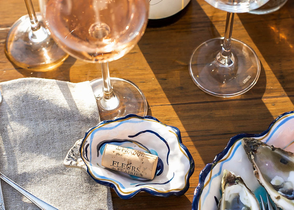 Overhead View of Coastal Home Decor Setting with Oyster Trinket Bowl