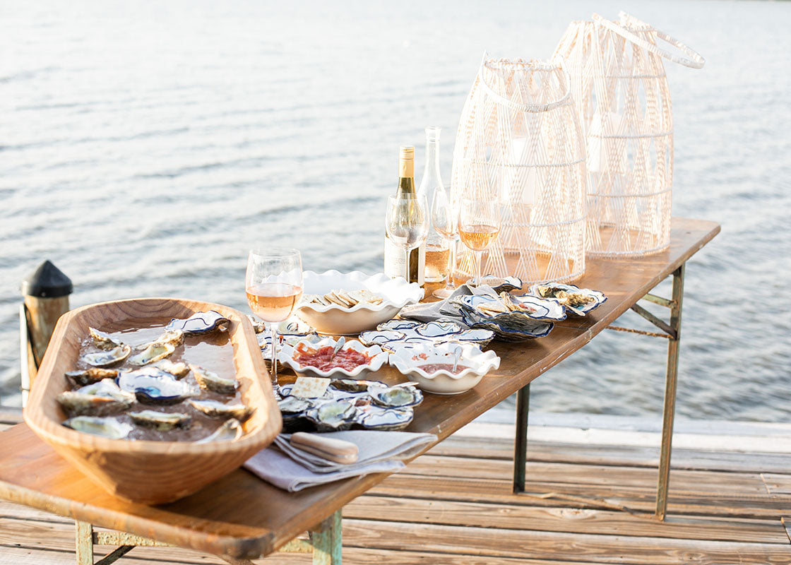 Front View of Seaside Tablescape Featuring the Oyster Collection Including Oyster Trinket Bowl