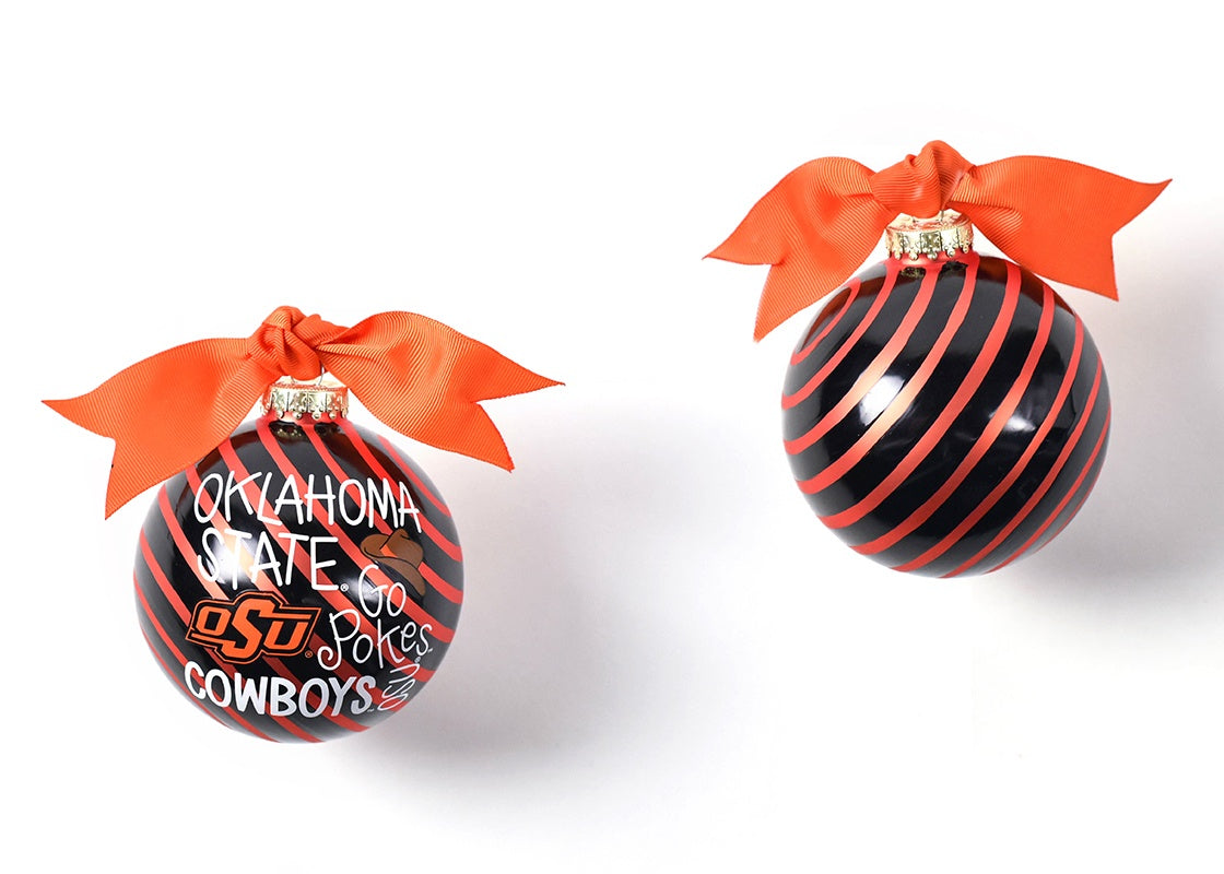 Front and Back View of Oklahoma State Word Collage Glass Ornament Placed Side by Side