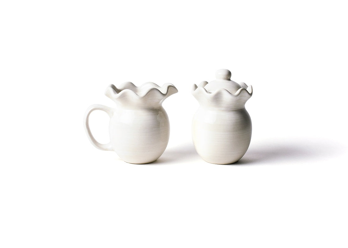 Front View of Signature White Ruffle Cream and Sugar Set Showcasing Design Details on Outside