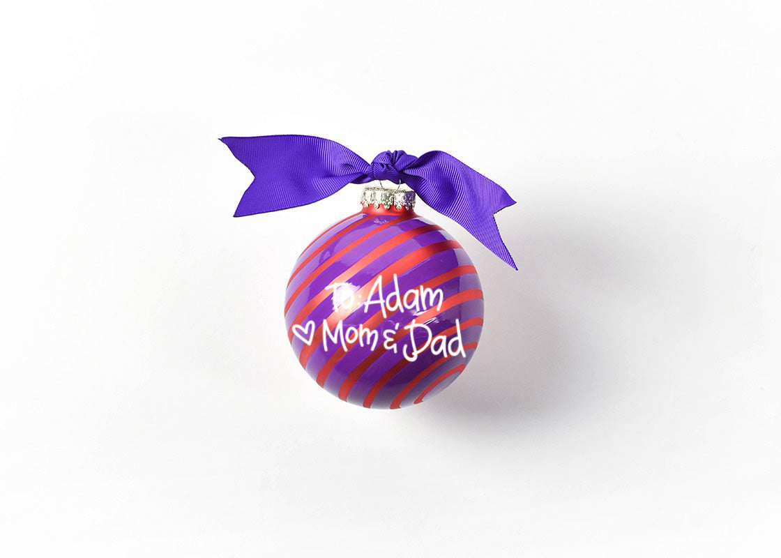 Back View of Personalized To Adam Love Mom and Dad Clemson Word Collage Glass Ornament
