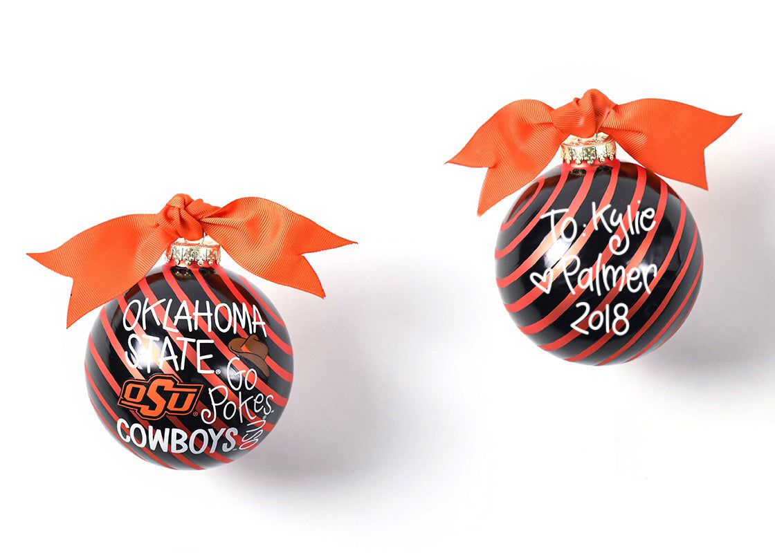 Front and Back View of Personalized To Kylie Love Palmer 2018 Oklahoma State Word Collage Glass Ornament Placed Side by Side