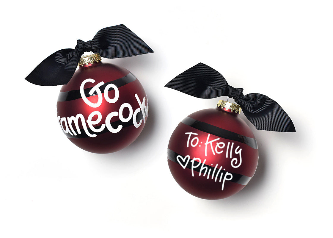 Front and Back View of Personalized To Kelly Love Phillip University of South Carolina Stripe 100mm Glass Ornament Placed Side by Side