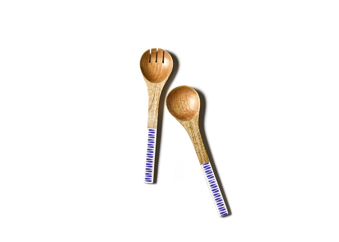 Overhead View of Iris Blue Drop Wood Salad Server Set Placed Side by Side