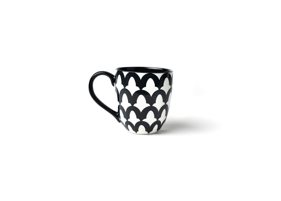 Front View of Black Arabesque Mug with Stylish Repeating Rows of Design