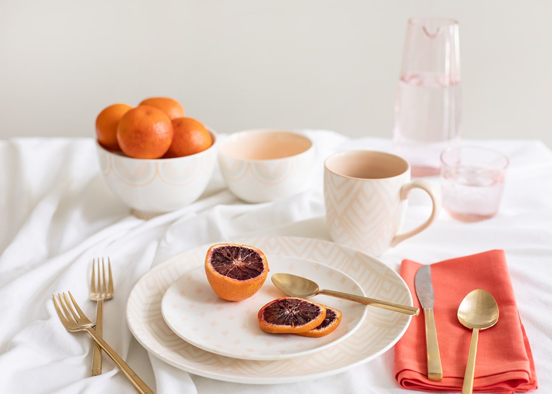 Front View of Breakfast Served on Blush Arabesque Trim Designs Including 6in Footed Bowl