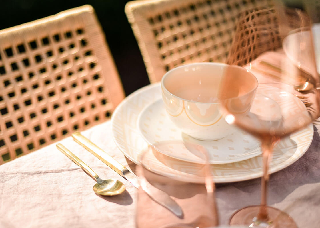 Cropped View of Coordinating Tableware Designs Including Blush Arabesque Trim Small Bowl