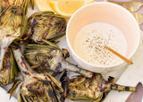 Roasted Artichokes with Dipping Sauce Served in Blush Arabesque Trim Small Bowl