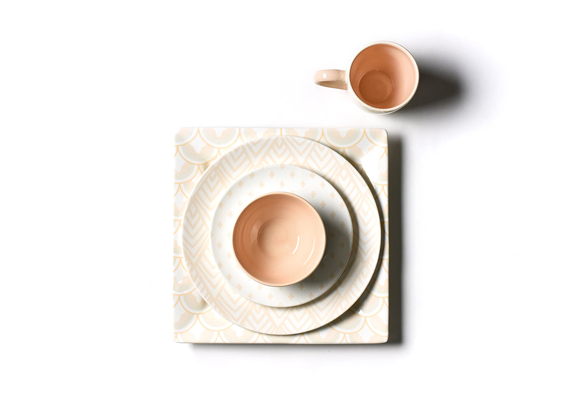 Overhead View of Stacked Coordinated Blush Dinnerware Place Setting with Blush Arabesque Trim Small Bowl