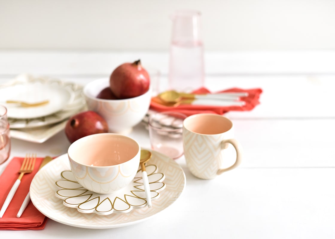 Front View of Individual Place Setting with Blush Arabesque Trim Small Bowl and Coordinating Designs