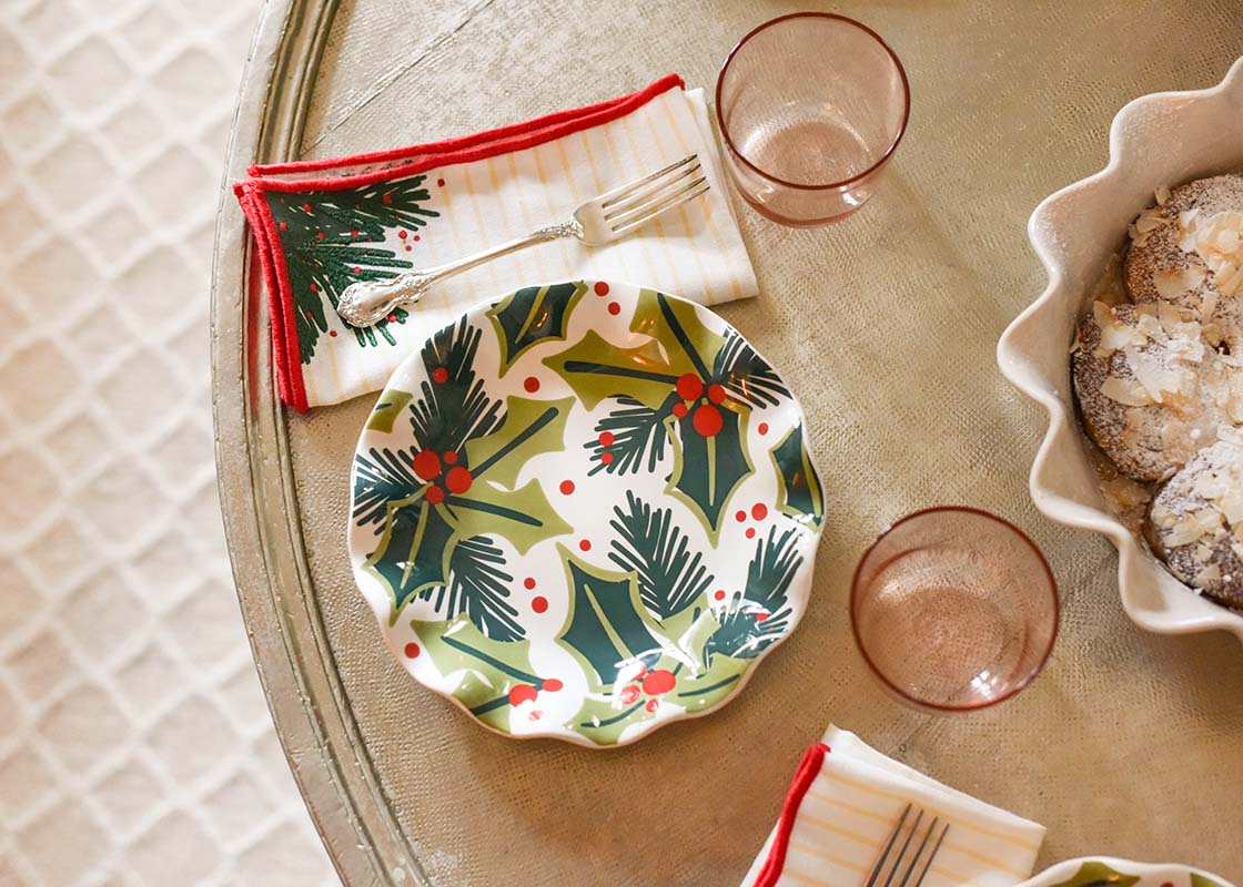 Overhead View of a Table Set with Holly Ruffle Salad Plate and Coordinated Napkin