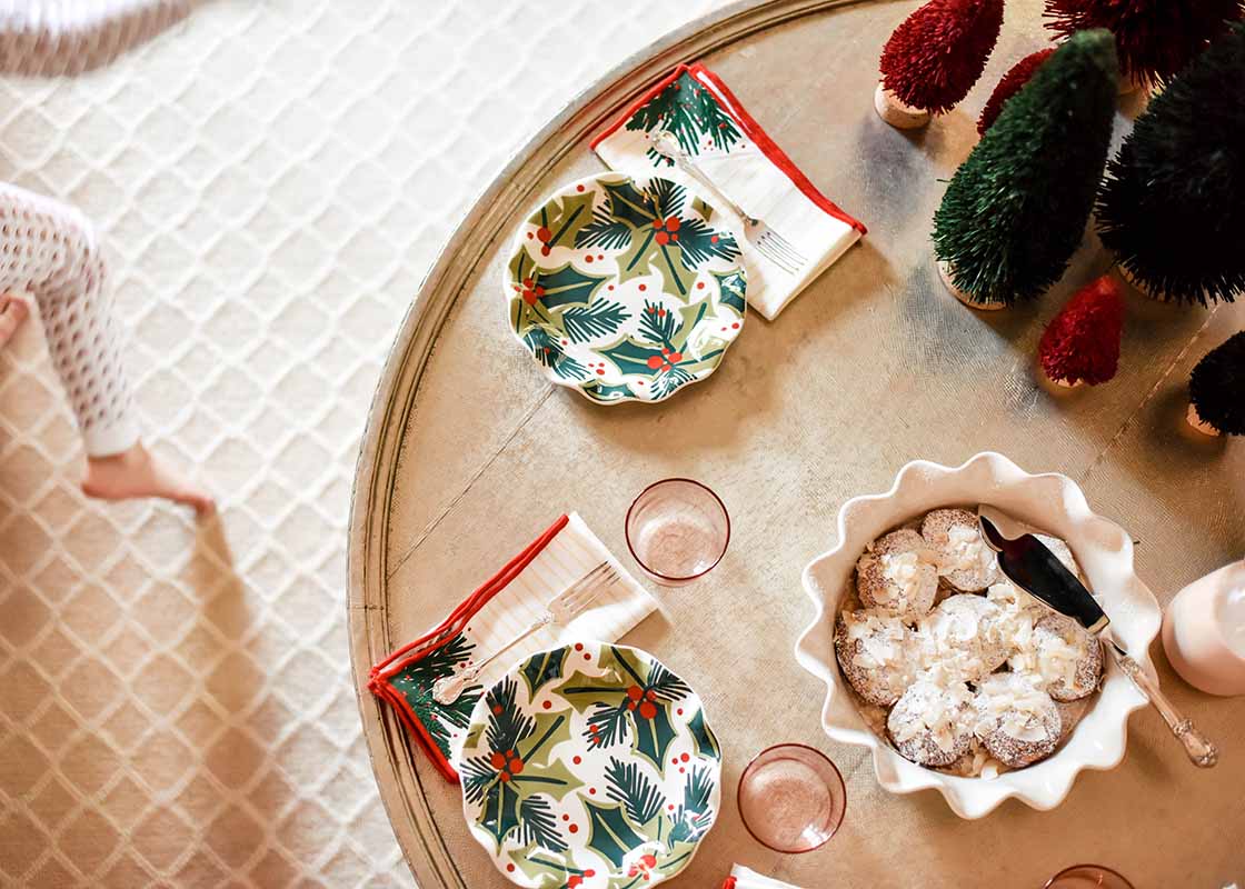 Cropped View of A Tablescape with Holly Ruffle Salad Plates and Coordinated Napkins Set of Christmas Breakfast