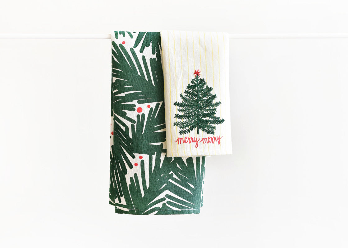 Front View of Folded Balsam and Berry Holiday Hand Towels Set of 2 Layered and Hung on Towel Rod to Inspire