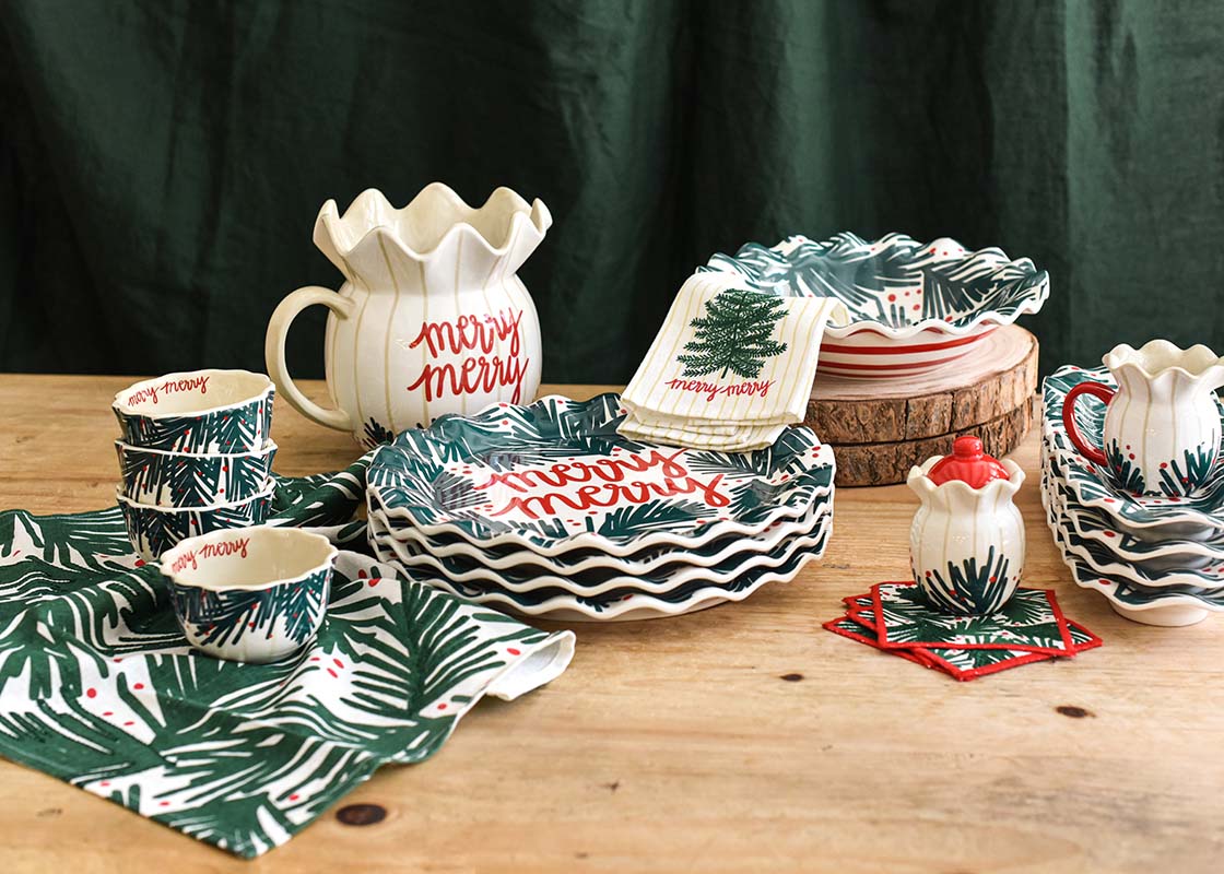 Front View of Stacks of Balsam and Berry Ruffle Serveware Including Skinny Tray