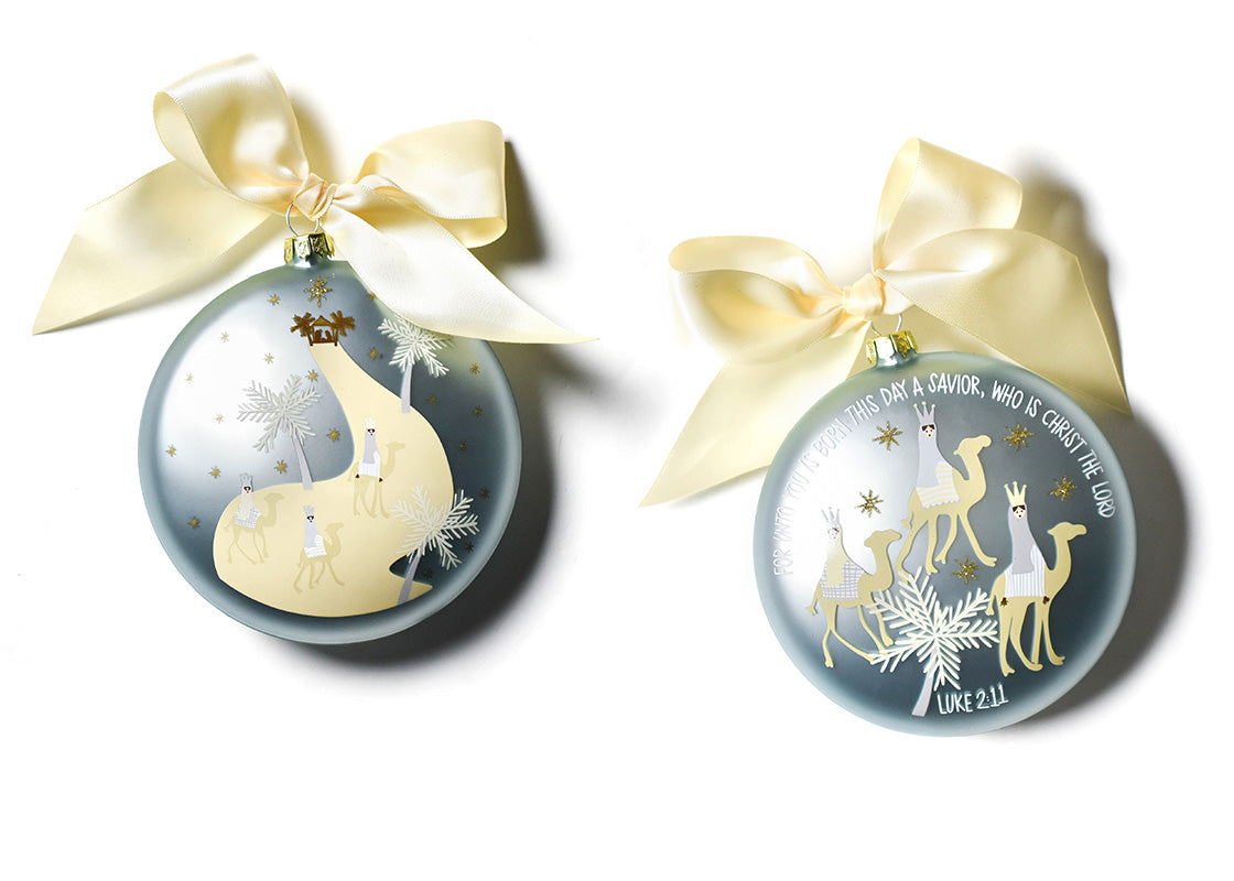 Front and Back View of Birth of Christ - Luke 2:11 Glass Ornament Placed Side by Side
