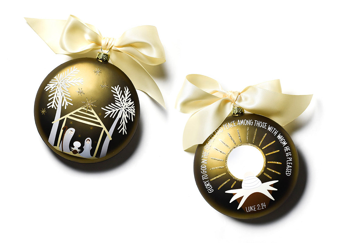 Front and Back View of Birth of Christ - Luke 2:14 Glass Ornament Placed Side by Side