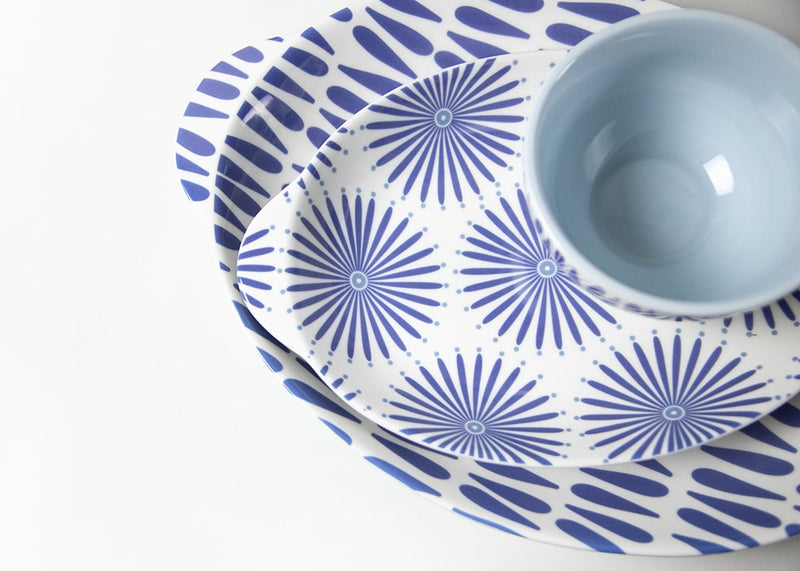 Coordinating Iris Blue Burst Designs Including  Small Handled Oval Platter