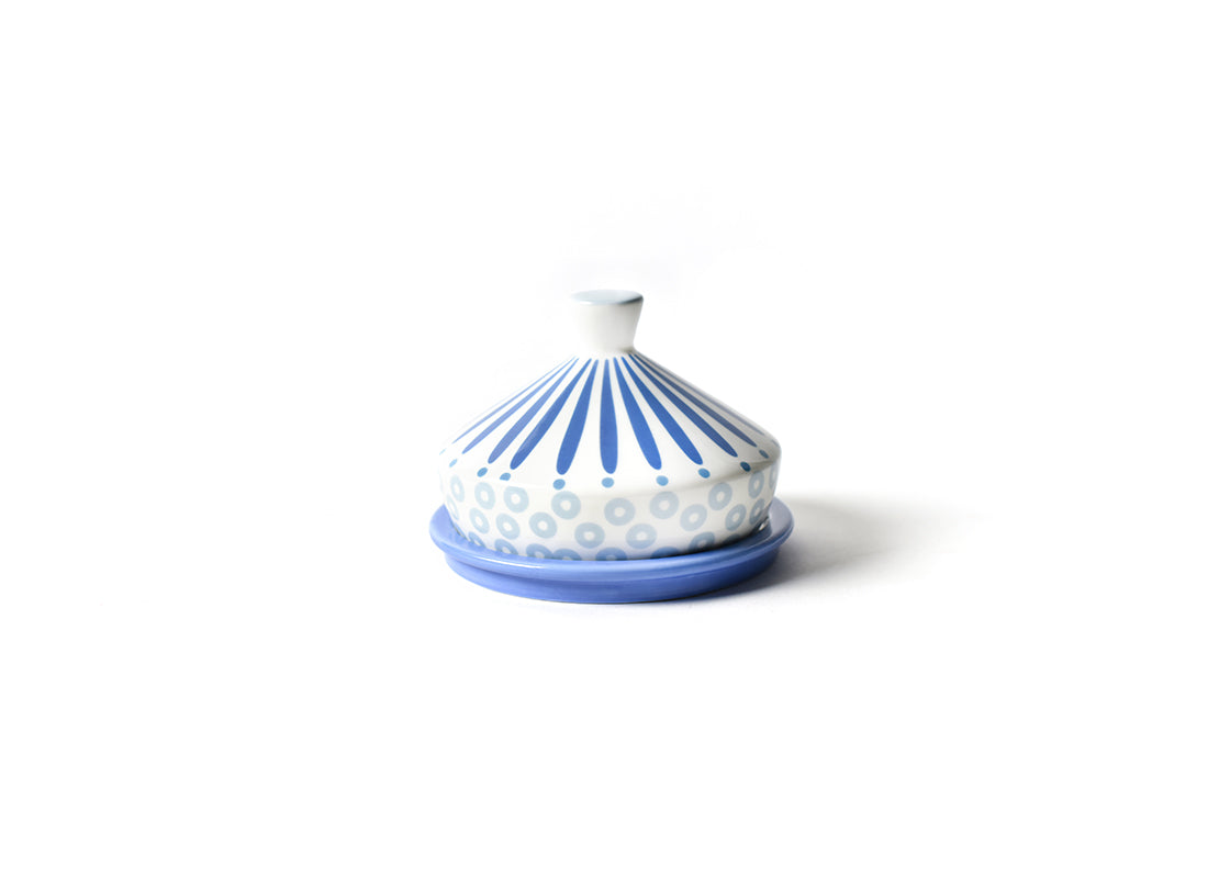 Front View of Iris Blue Burst Round Butter Dish Showcasing Design Details on Outside