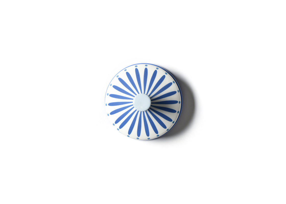 Overhead View of Iris Blue Burst Round Butter Dish Showing Design Details on Lid and Knob