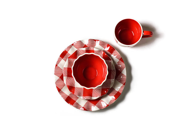Buffalo Check Plate Displayed Under Red Check Salad Plate and Red Bowl with Red Mug to the Side