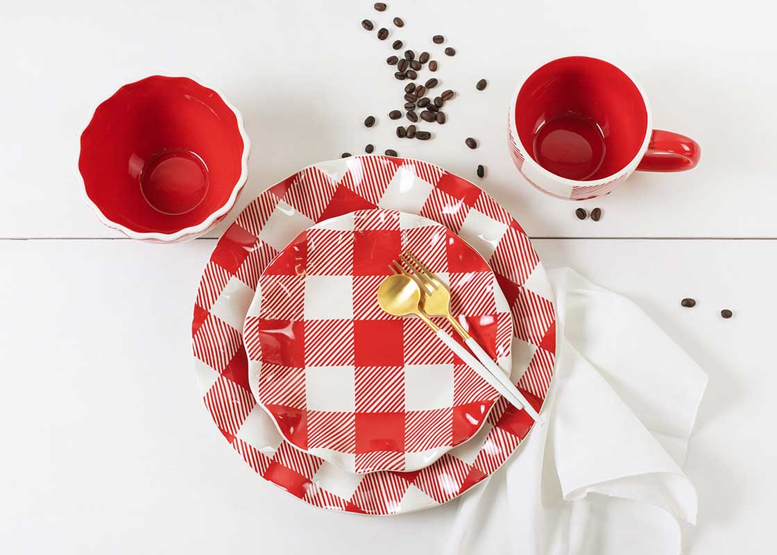 Overhead View of Red Check Buffalo Ruffle Dinner Plate with Salad Plate, Bowl, and Mug Set as Individual Place Setting