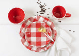 Place Setting of Red Check Buffalo Ruffle Dinner Plate with Salad Plate, Bowl, and Mug