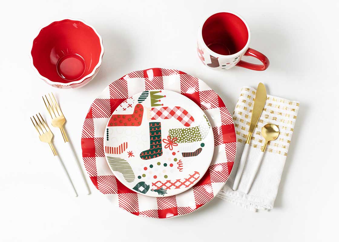 Overhead View of Festive Place Setting of Buffalo Check Plate Paired with Christmas-themed Salad Plate