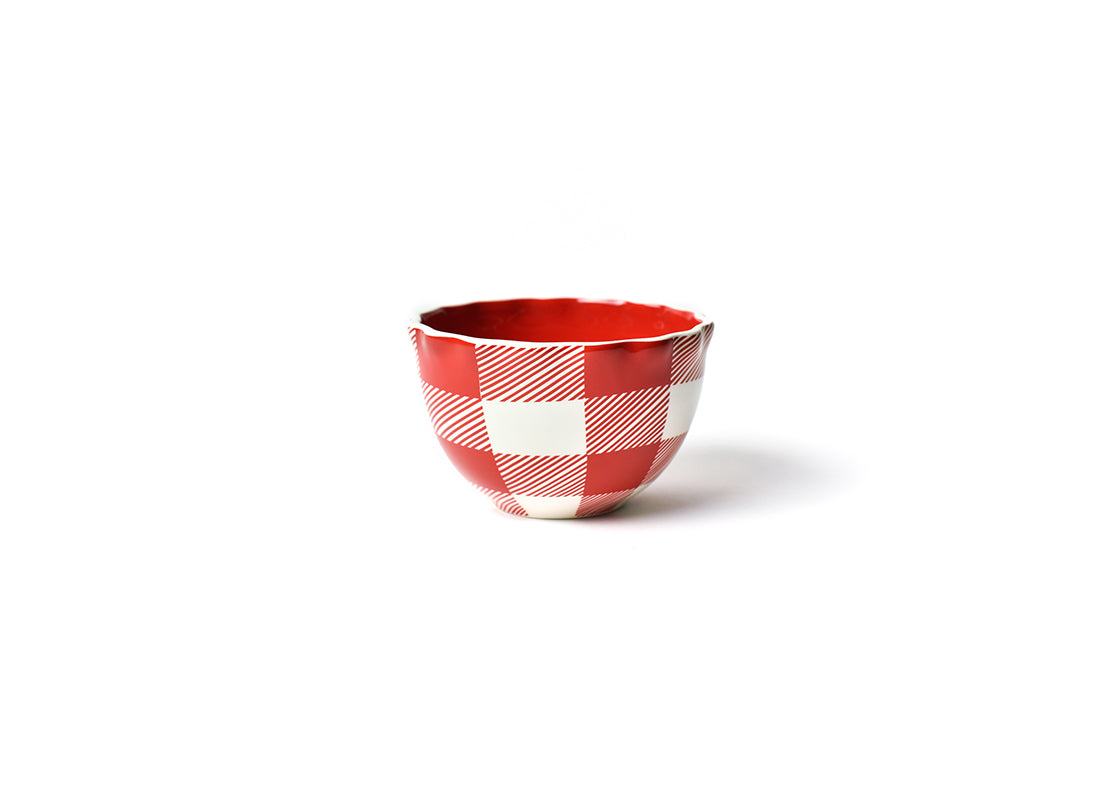 Front View of Red Buffalo Ruffle Small Bowl Showcasing Red Check Design Details on Outside
