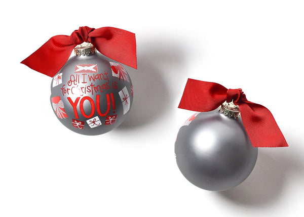 Front and Back of All I Want For Christmas Is You Ornament with Red Bow