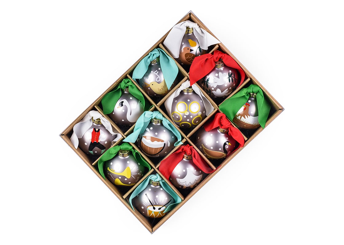 Overhead View of 12 Days of Christmas Glass Ornaments Set of 12 in Easy to Store Packaging