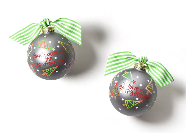 Silver Background and Colorful Christmas Tree Design on Rockin’ Around The Christmas Tree Ornament