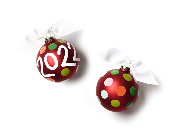 Red Glass Colorful Dots White Writing 2022 Ornament