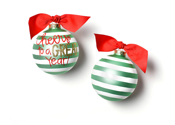 White with Green Stripes Cheers To A Great Year Ornament with Red Bow