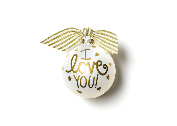 I Love You Glass Ornament with Gold Hearts and Gold Striped Bow