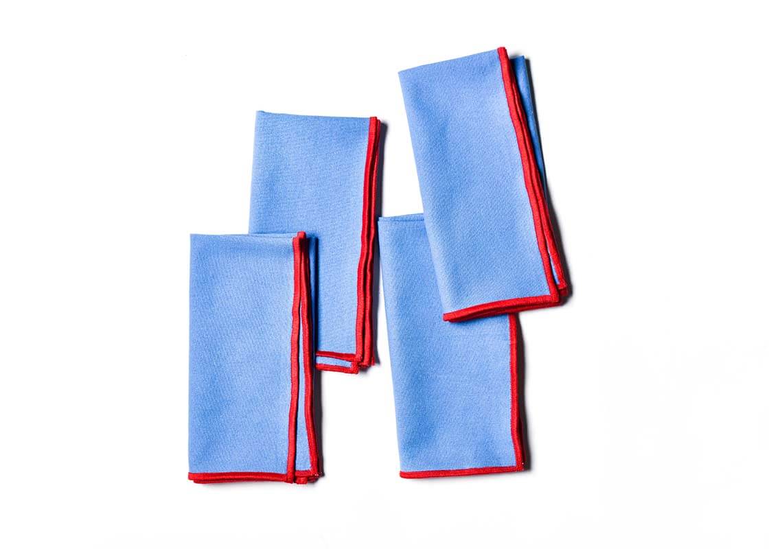 Overhead View of Folded French Blue and Red Color Block Napkins Set of 4 Showing all Pieces in Set
