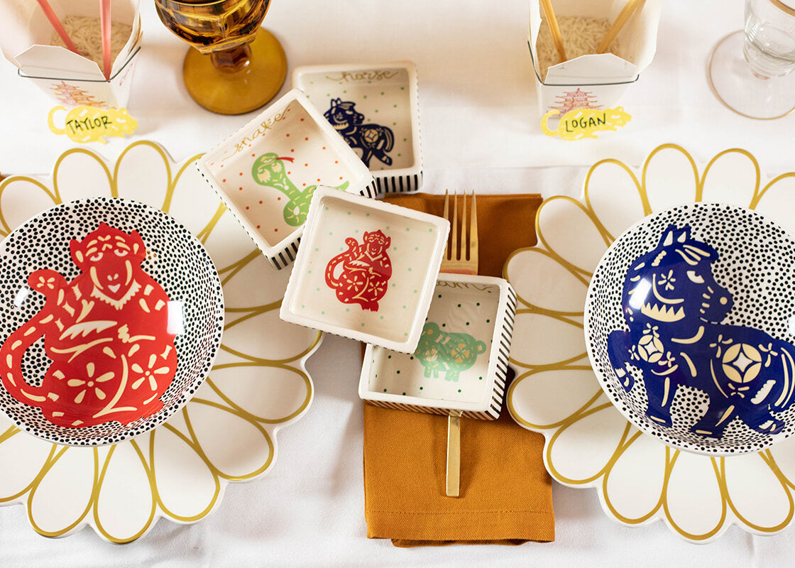 Cropped Close up of Two Place Settings in Colorful Tablescape Including Chinese Zodiac Horse Trinket Bowl