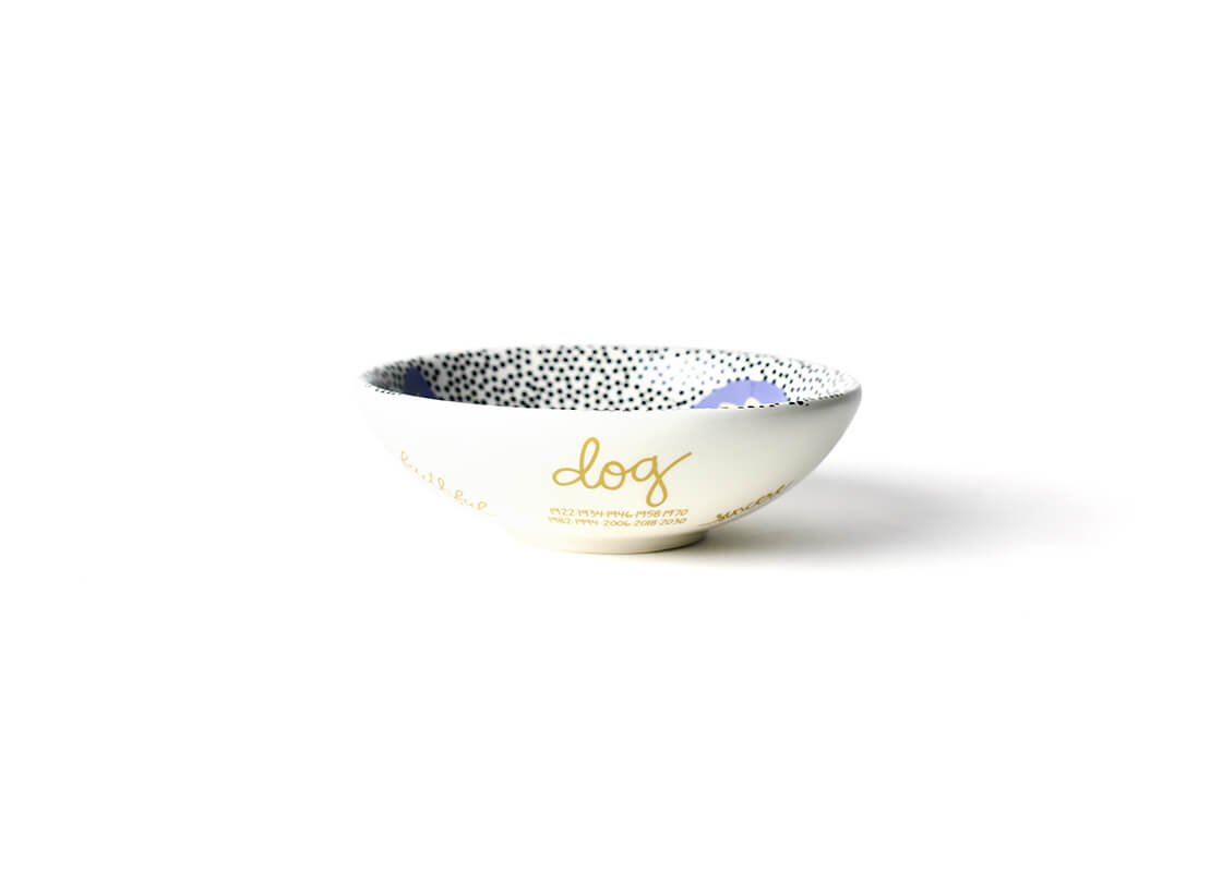 Front View of Chinese Zodiac Dog Bowl Showcasing it's Unique Zodiac Attributes in Gold Lettering in our Branded Handwriting