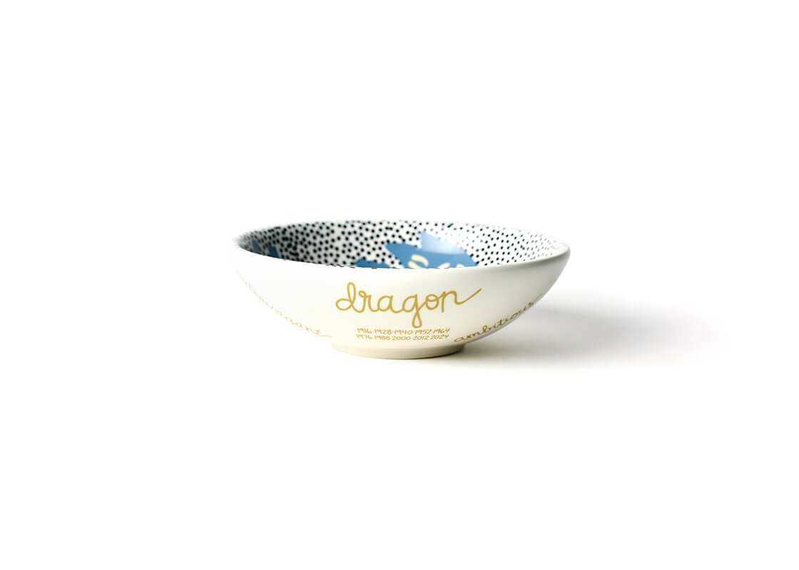Front View of Chinese Zodiac Dragon Bowl Showcasing it's Unique Zodiac Attributes in Gold Lettering in our Branded Handwriting