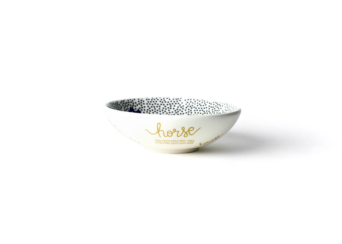 Front View of Chinese Zodiac Horse Bowl Showcasing it's Unique Zodiac Attributes in Gold Lettering in our Branded Handwriting
