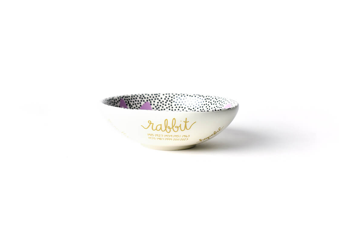 Front View of Chinese Zodiac Rabbit Bowl Showcasing it's Unique Zodiac Attributes in Gold Lettering in our Branded Handwriting
