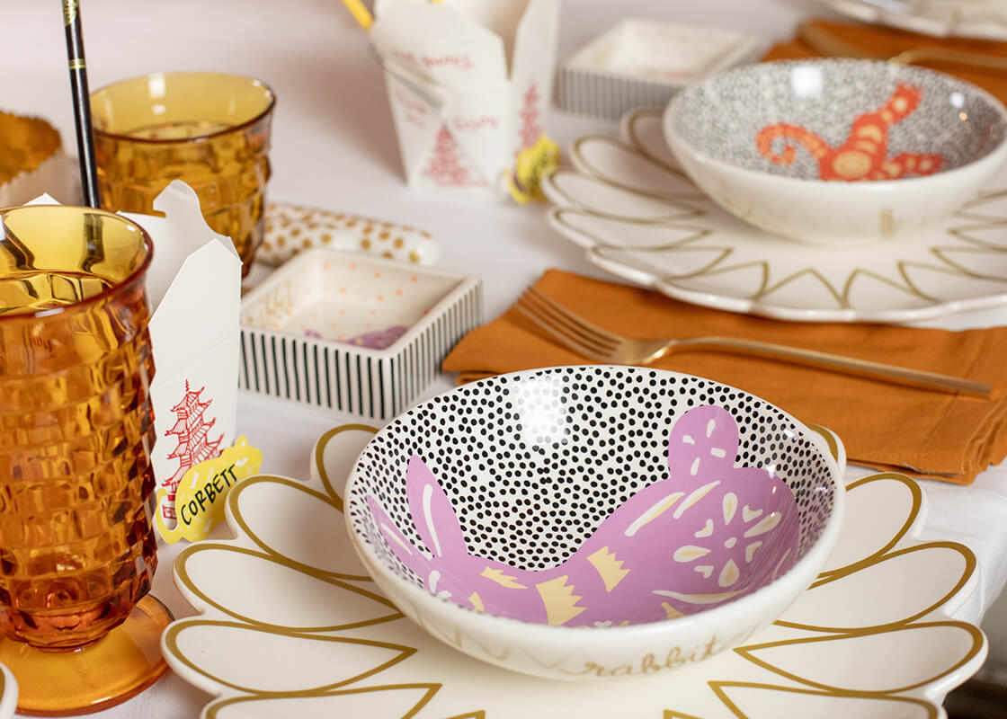 Front View of Coordinating Designs Paired with Chinese Zodiac Rabbit Bowl