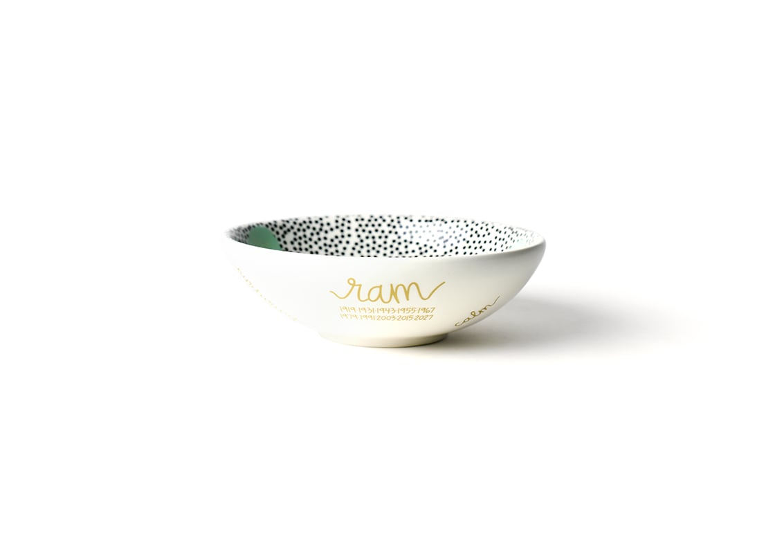 Front View of Chinese Zodiac Ram Bowl Showcasing it's Unique Zodiac Attributes in Gold Lettering in our Branded Handwriting