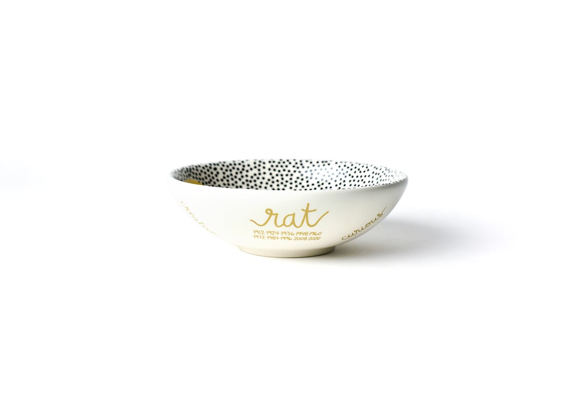 Front View of Chinese Zodiac Rat Bowl Showcasing it's Unique Zodiac Attributes in Gold Lettering in our Branded Handwriting
