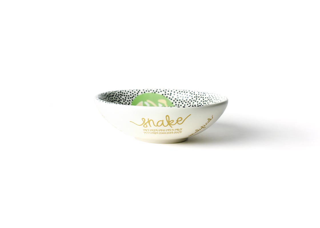 Front View of Chinese Zodiac Snake Bowl Showcasing it's Unique Zodiac Attributes in Gold Lettering in our Branded Handwriting