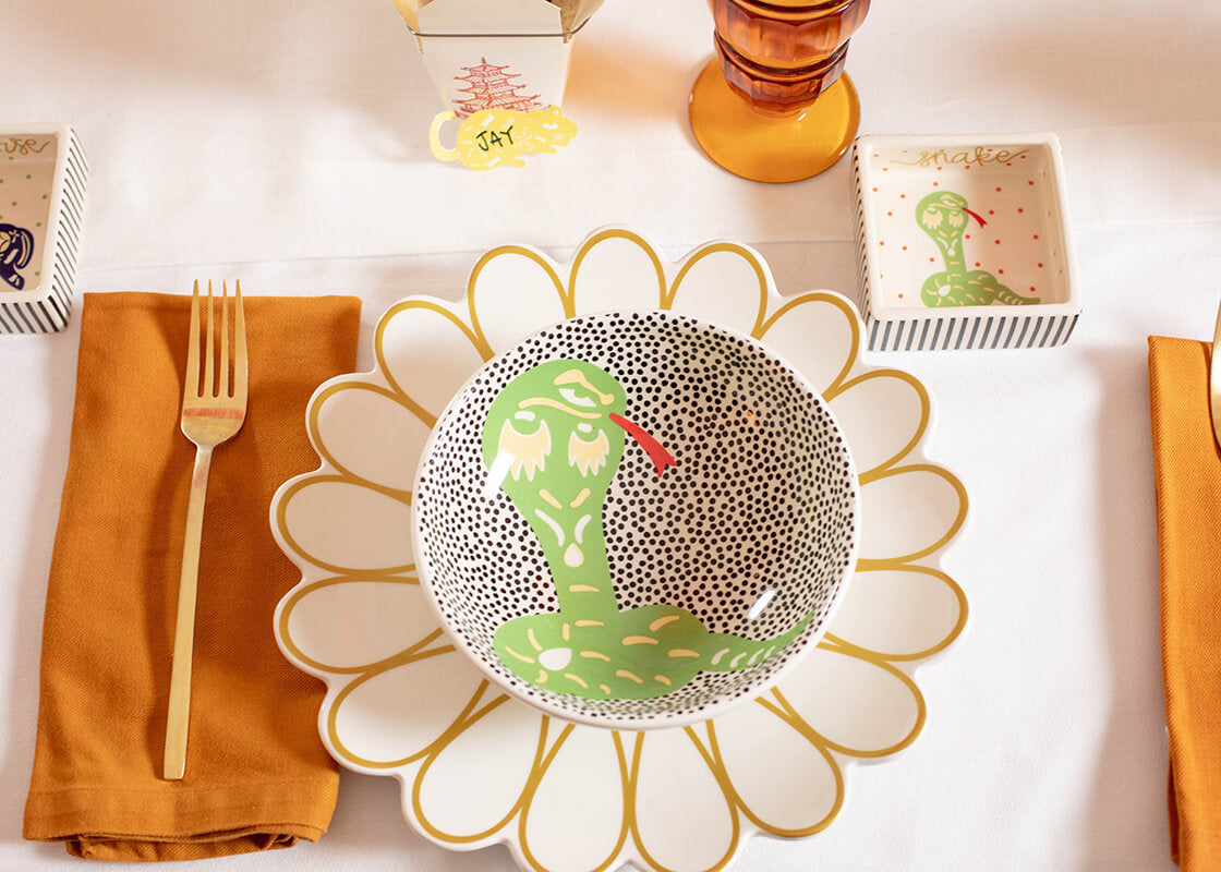 Overhead View of Individual Place Setting Including Coordinating Designs with Chinese Zodiac Snake Bowl