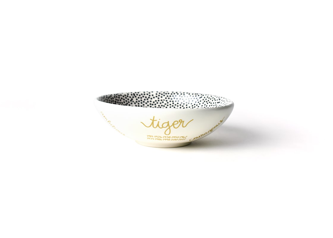 Front View of Chinese Zodiac Tiger Bowl Showcasing it's Unique Zodiac Attributes in Gold Lettering in our Branded Handwriting