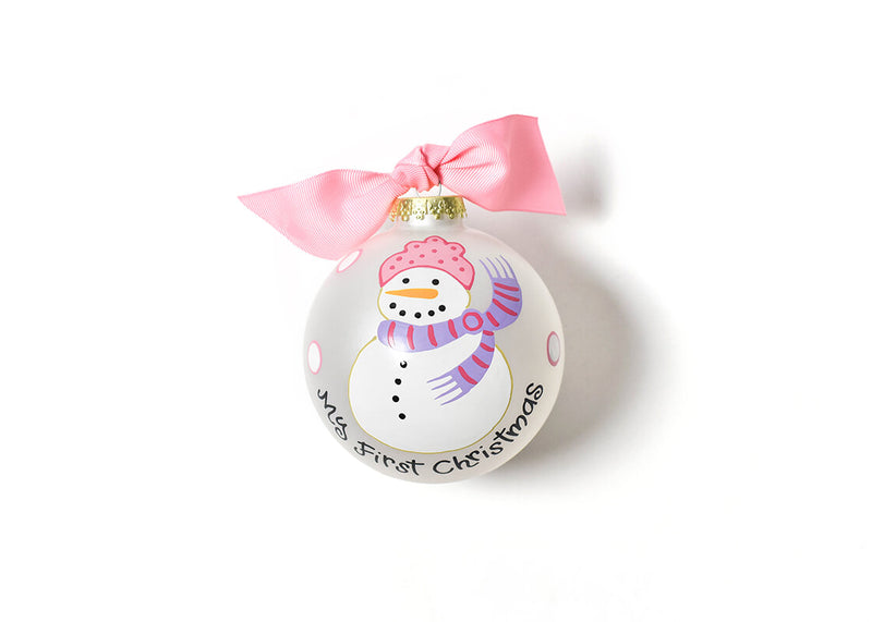 Pink Outlined White Dots on White My First Christmas Snowman Girl Ornament